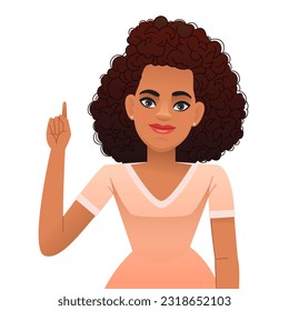 A black African girl with dark curly hair points to something with her finger. Beautiful young happy woman. Vector cartoon illustration isolated on white background.