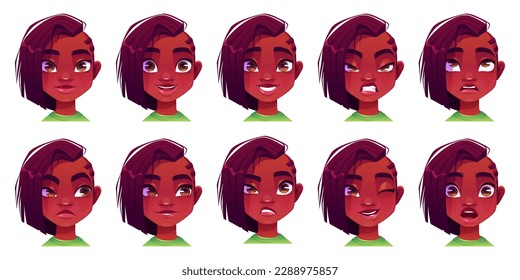 Black african girl face expression avatar vector set. Different female teen facial emotion illustration and cute afro hairstyle. Isolated brunette angry, happy and surprised mood portrait icon.