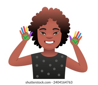 Black African girl with the genetic disease Down Syndrome shows her palms stained with different colored paint. Drawing lessons. Cheerful expression on the face of a sunny child. Vector illustration