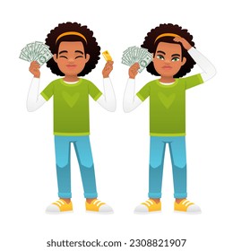 A black African girl holds dollar bills in one hand and a bank card in the other, thinking about money. Happy little businesswoman. Beautiful child with money in his hand. Vector cartoon illustration