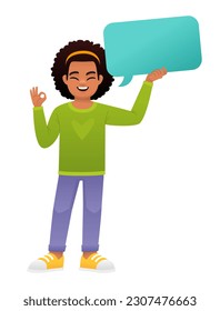 Black African girl holds an empty speech bubble in her hand and shows the OK gesture with her other hand. The concept of children's opinion. Women's issues. Vector illustration on a white background.