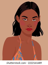 Black African  girl is wearing a tropical print turban. Self-confident young woman with brown skin in traditional headdress portrait front view. Vector illustration. 