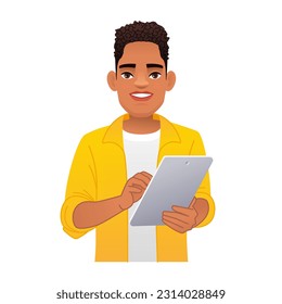 Black African guy is holding a tablet computer. Internet surfing and working in a mobile application. Vector cartoon illustration on a white background.