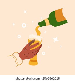 Black African Hand Holding Glass Of Frothy Beer. Arm Holds Glass With Alcoholic Drink. Concept Design Man Or Woman Sommelier For Restaurant And Bar. Beverage Filled From A Bottle. Vector Illustration