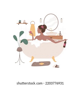 Black African or Latin woman taking bath and drinks wine. Bathroom interior flat vector illustration. 