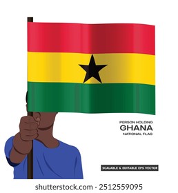 Black african male person holding Ghanaian national flag scalable and editable eps vector, hand holding flag, protest, waving, fist, freedom