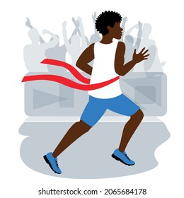 Black african male runner completes the distance first. Breaks the red tape. Race Winner. Healthy lifestyle design. Vector isolated illustration.