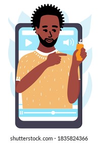 black african man Beauty blogger talking about perfume and holds in his hand. man creating content and posting on social media. Vector flat.
