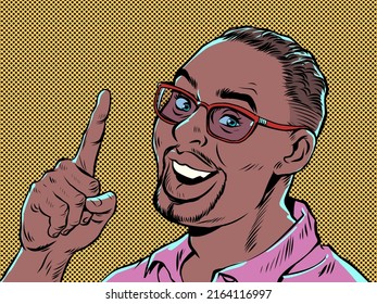 black african man index finger up gesture, important information or advertising concept. Pop art retro vector illustration kitsch vintage 50s 60s style