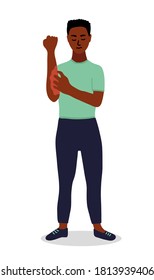 Black African Man With A Sad Face Is Combing His Other Hand With One Hand. Atopic Dermatitis, Eczema, Allergy. Scratches, Itchy, Dry Skin, Redness And Irritation. Cartoon Vector 