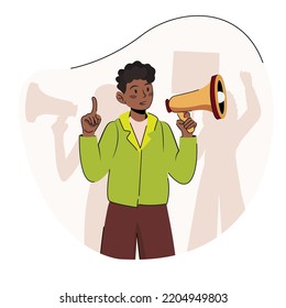 Black african man shouting into a megaphone. Vector flat illustration with protesting man. Guy with loudspeaker. Protesting. 