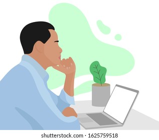 Black african man staring at a laptop. Man looking at computer. Thinking man. Man watching monitor screen. Working in office. Office workspace with plant - Simple flat vector illustration.