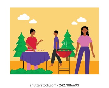 Black African man and woman having an outdoor barbeque with drinks and food. Character design. Vector flat illustration