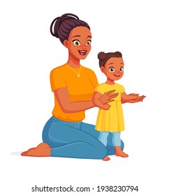 Madre africana negra sentada en el suelo y ayudando a su hija a dar los primeros pasos. Ilustración vectorial de dibujos animados aislada en fondo blanco.