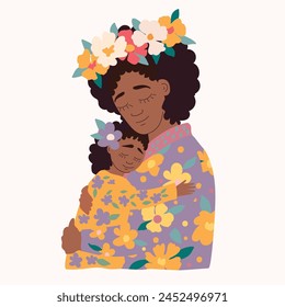 A Black African Mother with wreath tenderly hugs her little daughter. She holds her in her arms. Decorated with flowers. Pinc, Lilac, yellow colours. Vector illustration for magazines, postcard