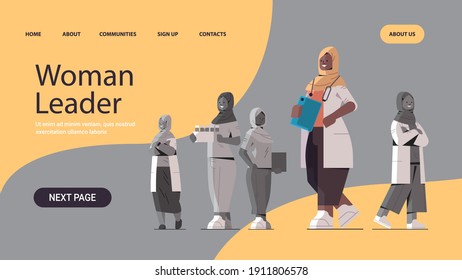 black african muslim female doctor leader standing in front of arabic medical professionals team in uniform medicine healthcare concept horizontal full length copy space vector illustration