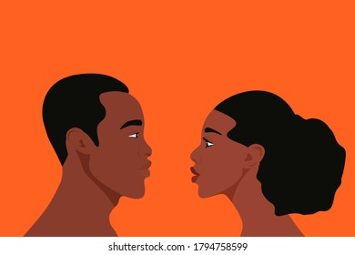 Black African People, Man and Woman Look at Each Other in the Distance. Quarantine, Coronavirus Concept. COVID-2019. Relationship, Communication, Love, Friendship, Family. Vector Cartoon in Flat Style