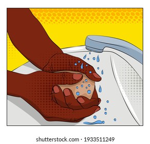 Black African person washing hand with soap. Comic book style illustration with colorful background. Washing hands in a sink, disinfection. Hygiene concept.