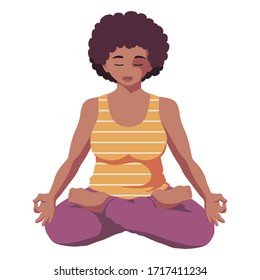 Black African plus size woman does yoga meditation in lotus position and smiling. Health care. Good habit. Isolated cartoon illustration