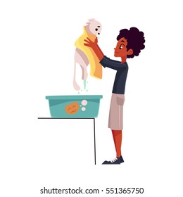 Black, African teenage boy washing, bathing white cat, cartoon vector illustration on white background. Full length portrait of black boy holding his cat after washing it in a bath