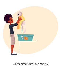 Black, African teenage boy washing, bathing white cat, cartoon vector illustration on background with place for text. Full length portrait of black boy holding his cat after washing it in a bath
