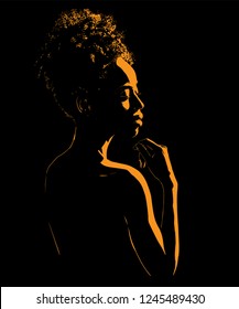 Black African woman with afro hair style portrait silhouette in backlight. Vector. Illustration.