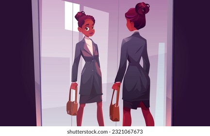 Black african woman character look in mirror vector. Girl beauty leadership in business suit standing in office. Afro american smart businesswoman manager or confident teacher in skirt holding bag.