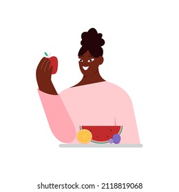 Black african woman eating apple and fruit. Flat vector illustation