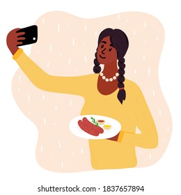 Black African woman food blogger making photo selfie with two sausages and mustard and ketchup sauces and rosemary for blog. Cute girl with smartphone camera. Social media Vector cartoon