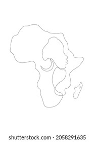 Black African Woman in line art style, continuous line drawing of Afro woman and African continent map. Vector linework tattoo icon logo isolated on white background 