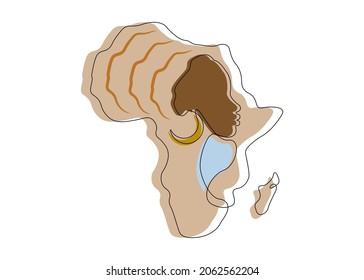 Black African Woman in line art style, continuous line drawing of Afro woman and African continent map. Colorful Vector linework tattoo icon logo isolated on white background