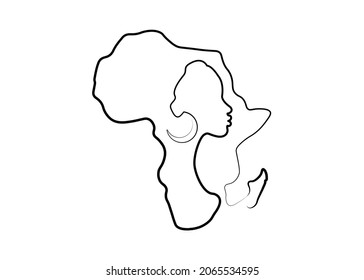 Black African Woman in line art style, continuous line drawing of Afro woman and African continent map. Vector linework tattoo icon logo isolated on white background