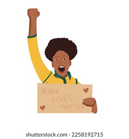 Black African woman raising her hand and protesting with a placard vector flat drawing