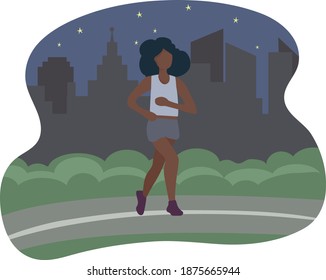 Black African woman running in the city at night. Sports training on the street. A runner on the move. Marathon and long runs in the street. running and fitness every day. 