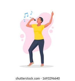 Black african woman singing with mic on hand. Karaoke microphone. Nightlife party club. Happy dance. Pop music. Jazz singer icon or sign or symbol. Music notes - Flat vector character illustration.