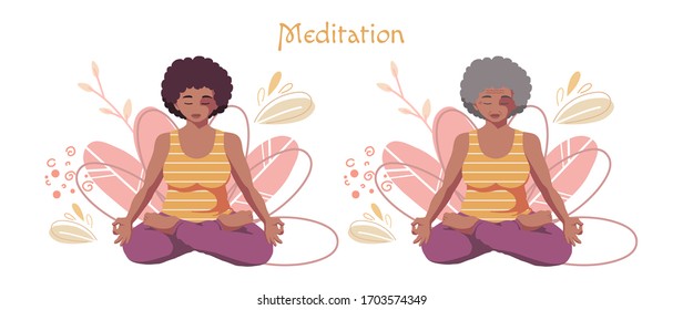 Black African young and old women doing yoga meditation in lotus position and smiling. Health care. Good habit. Background with abstract flowers. Isolated cartoon illustration