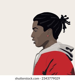 Black african-american man middle age. Male portrait on a light background. Realistic Man with pigtails on his head, in a red jacket. Profile view. Illustration for poster, cover, report. Template.