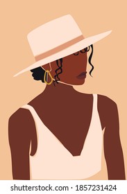 Black afro abstract woman in hat. Vector girl portrait.	 svg