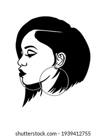 Black Afro African American girl woman vector portrait profile head face silhouette with bob hair haircut hairstyle.Fashion lady drawing illustration with round earrings rings.Laser plotter cutting.