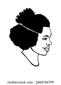 Black Afro African American girl lady woman vector portrait profile head face silhouette,natural curls waves hair puff bunch ponytail hairstyle.Laser plotter cut.T shirt print.Vinyl wall sticker decal