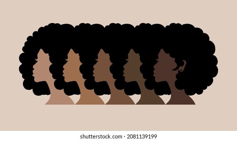 Black Afro African American girl woman lady vector profile portrait head face silhouette with natural waves hair puff hairstyle,different tones colors of skin.Race diversity concept.Beauty salon art.
