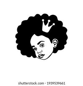 Black Afro African American little cute baby girl beautiful head silhouette vector drawing illustration with curly puffs hair,crown.Queen.Princess.Face of a child.Plotter laser cut.Vinyl wall sticker.
