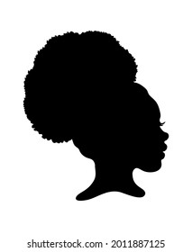 Black Afro African American little girl vector portrait profile head face silhouette,natural curls waves hair puff ponytail hairstyle.Laser plotter cutting.T shirt print.Vinyl wall sticker decal.Logo.