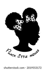 Black Afro African American little girl vector portrait profile head face silhouette,natural curly waves hair puffs ponytails hairstyle,white two bows.Laser plotter cutting.T shirt print. Sticker. DIY