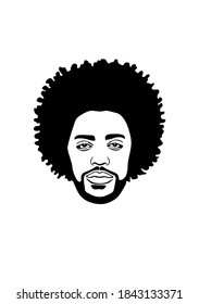 Black Afro African american male face portrait vector silhouette with curls hairstyle and beard.Man head drawing of full face isolated on white background.Wall sticker vinyl decal.Print for t shirt.