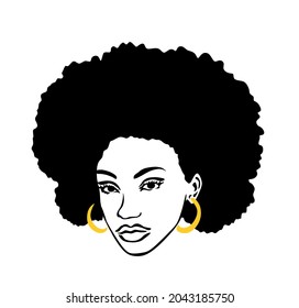 Black Afro African American woman lady girl vector portrait head face silhouette with natural waves hair puff hairstyle drawing illustration.Laser plotter cutting.T shirt print.Logo for beauty salon.