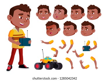 Black, Afro American Boy, Child, Kid Vector. Young. Face Emotions, Various Gestures. Animation Creation Set. Isolated Flat Cartoon Illustration