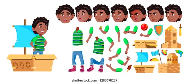 Black, Afro American Boy Kindergarten Kid Vector. Animation Creation Set. Emotions, Gestures. Little Children. Cardboard Box Toy. Design Element. Animated. Isolated Cartoon Illustration