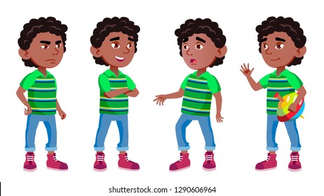 Black, Afro American Boy Kindergarten Kid Poses Set Vector. Preschool, Childhood. Friend. For Cover, Placard Design. Isolated Cartoon Illustration
