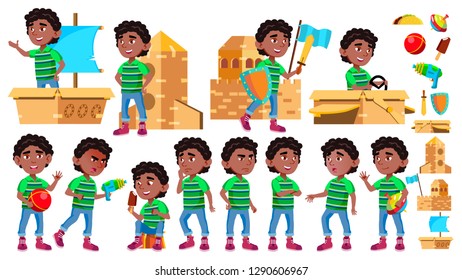 Black, Afro American Boy Kindergarten Kid Poses Set Vector. Little Child. Cardboard Box Toy. Funny. Lifestyle. For Advertising, Placard, Print Design. Isolated Cartoon Illustration
